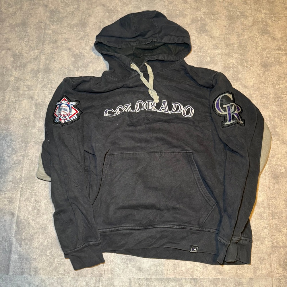 Majestic Colorado Rockies MLB Hoodie Mens Medium Black Grey Pullover Sweatshirt